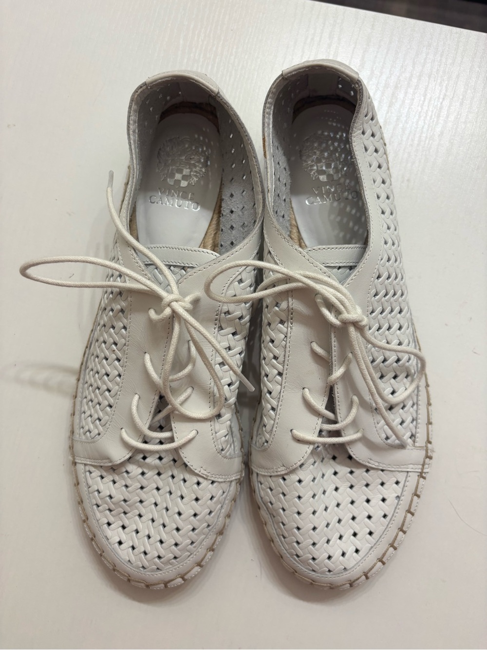 Vince Camuto Cream Woven Leather Lace-Up Flats